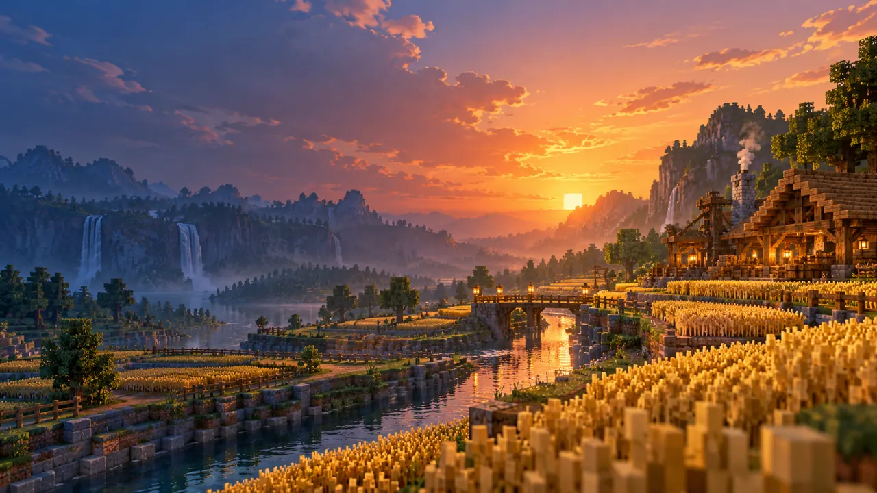 Original illustrative block-built farm at sunset, standing in for a future gameplay video
